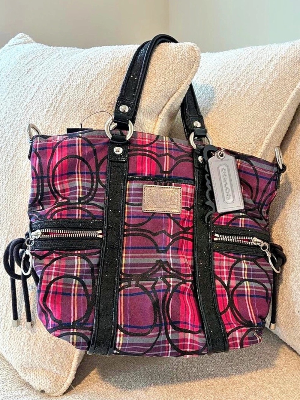 Coach Poppy Tartan Glam Tote Plaid Bag Pink & Black